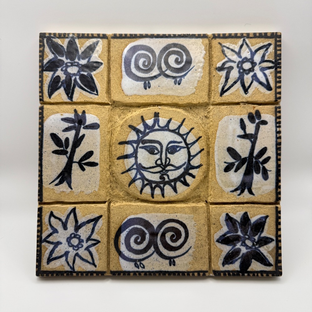 Vintage Ceramic Celestial Trivet Tile Tan Blue Sun Folk Art Decor Studio Pottery